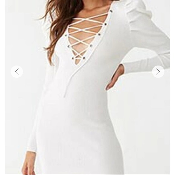Forever21 White Ribbed V-Neck Lace Up Puff Shoulders Bodycon Mini Dress Sz M NEW - Picture 1 of 7